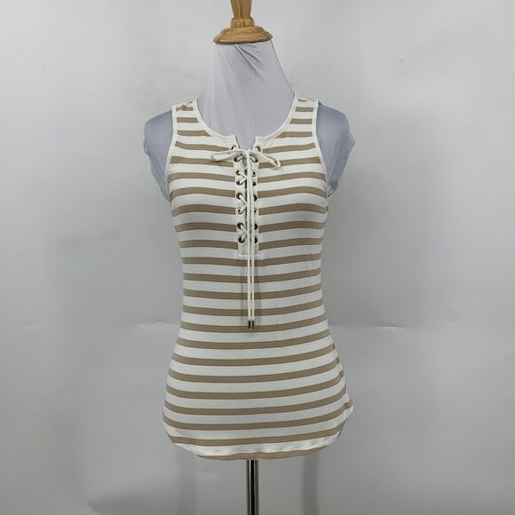 White House Black Market Tank Top Women 2XS XXS Striped Crew Neck Lace Up Front - Picture 2 of 13